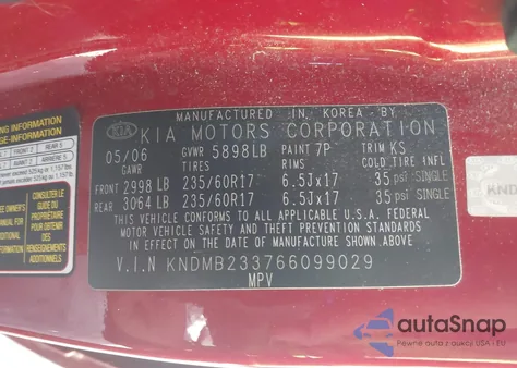 2006 Kia Sedona Ex/Lx из США, поврежденный, VIN KNDMB233766099029